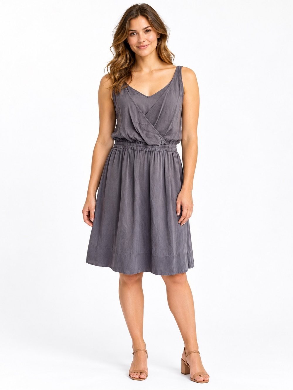 EILEEN Fisher Silk Georgette Crepe Sleeveless olive dress PS